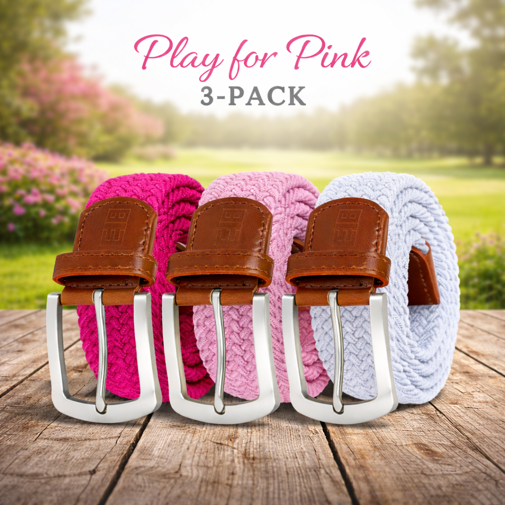East/18 Men's Perfect Fit Woven Stretch Golf Belt, "Play For Pink" 3-Pack