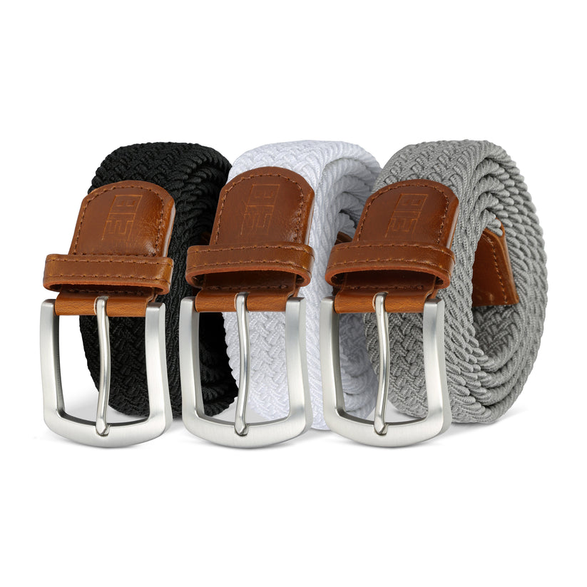 East/18 Men's Perfect Fit Woven Stretch Golf Belt, Monochrome 3 Pack