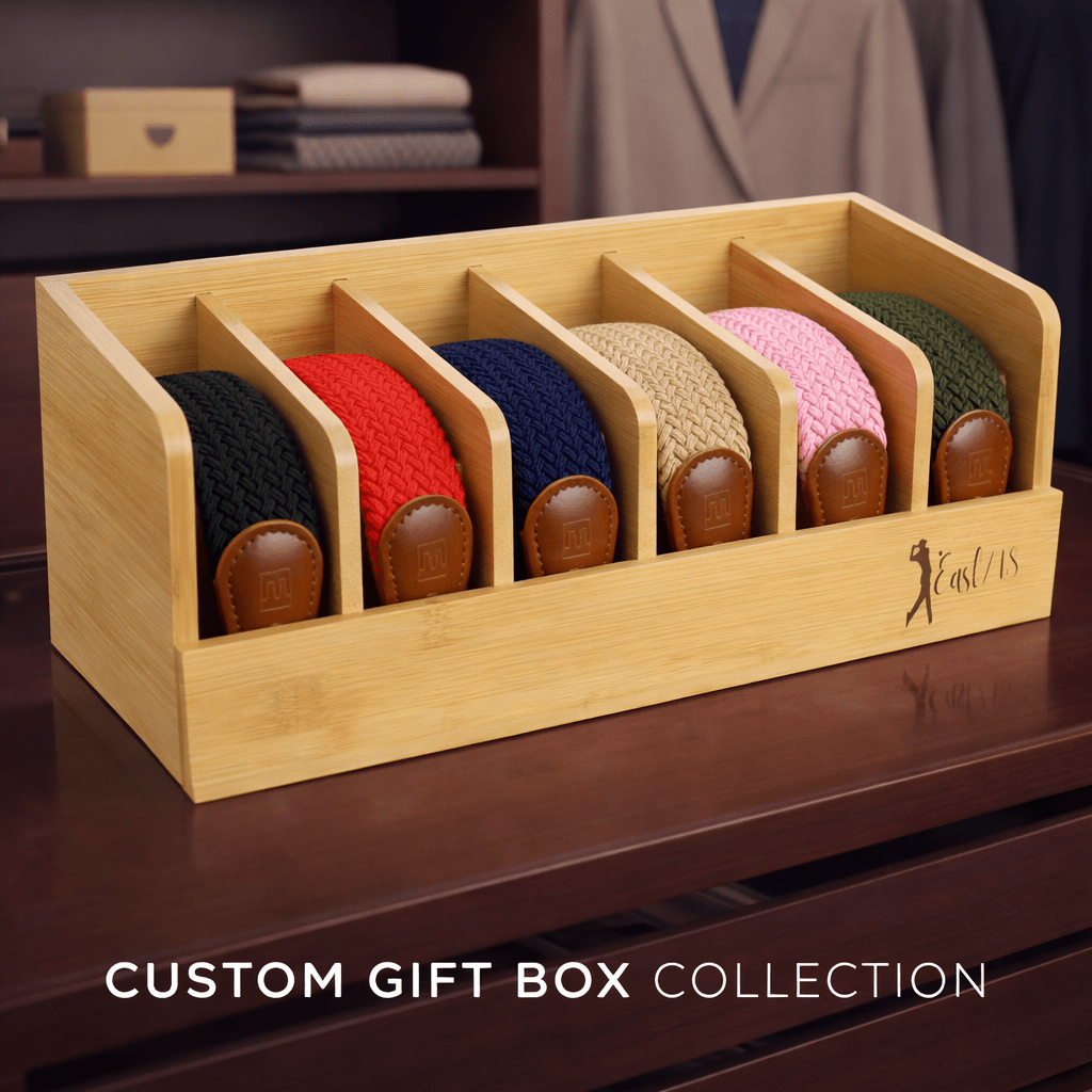 East/18 Men's Perfect Fit Woven Stretch Golf Belt, 6 Pack Bamboo Gift Box - East/18Belt