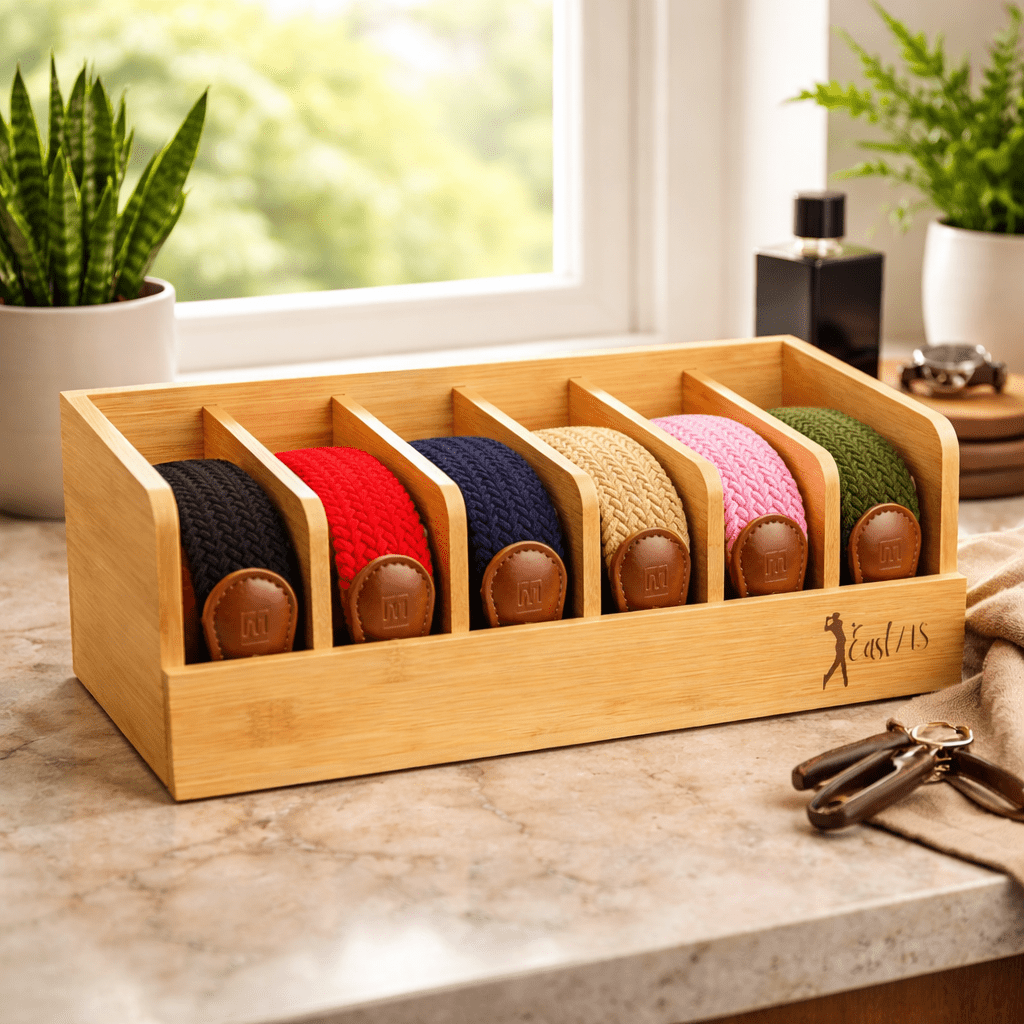 East/18 Men's Perfect Fit Woven Stretch Golf Belt, 6 Pack Bamboo Gift Box - East/18Belt