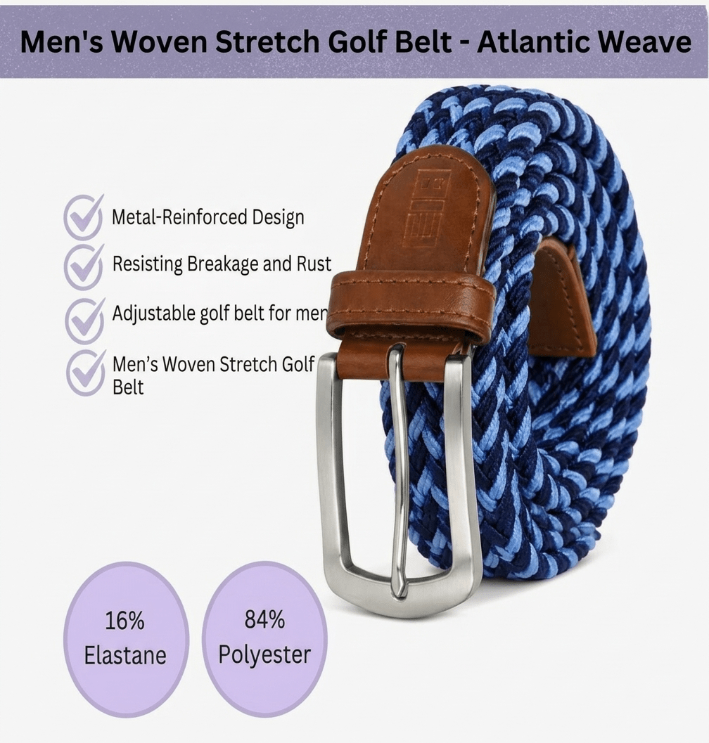 East/18 Men's Perfect Fit Woven Stretch Golf Belt, Atlantic Weave - East/18