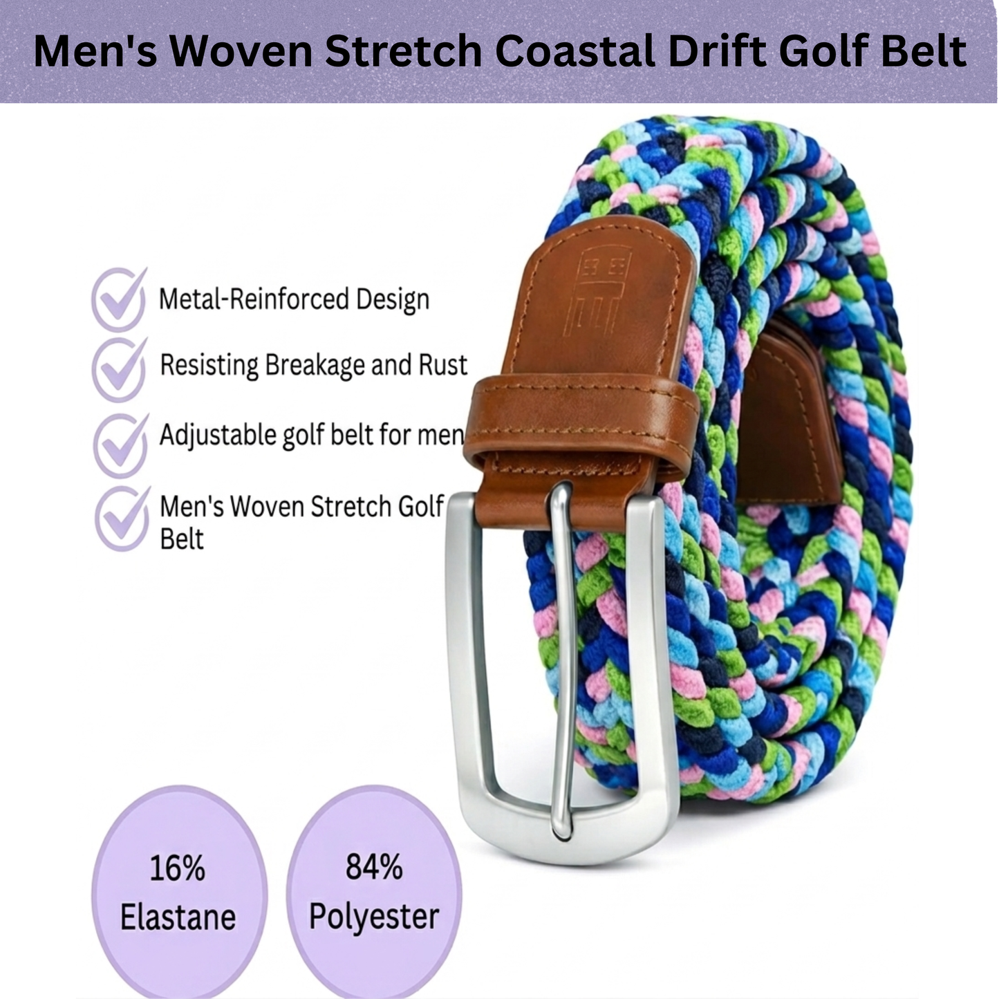 East/18 Men's Perfect Fit Woven Stretch Golf Belt, Coastal Drift - East/18