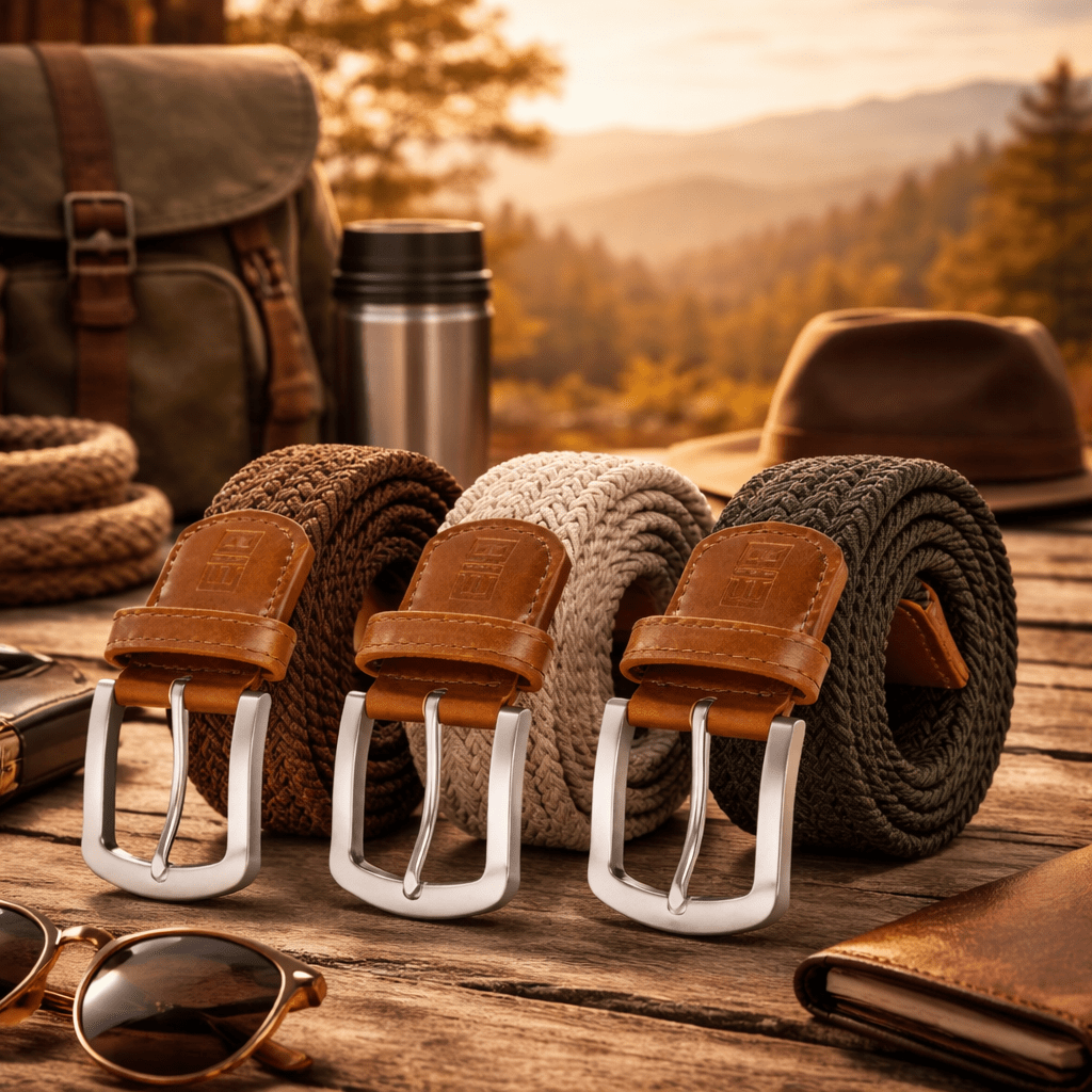 East/18 Men's Perfect Fit Woven Stretch Golf Belt, Earth Tones, 3 Pack - East/18