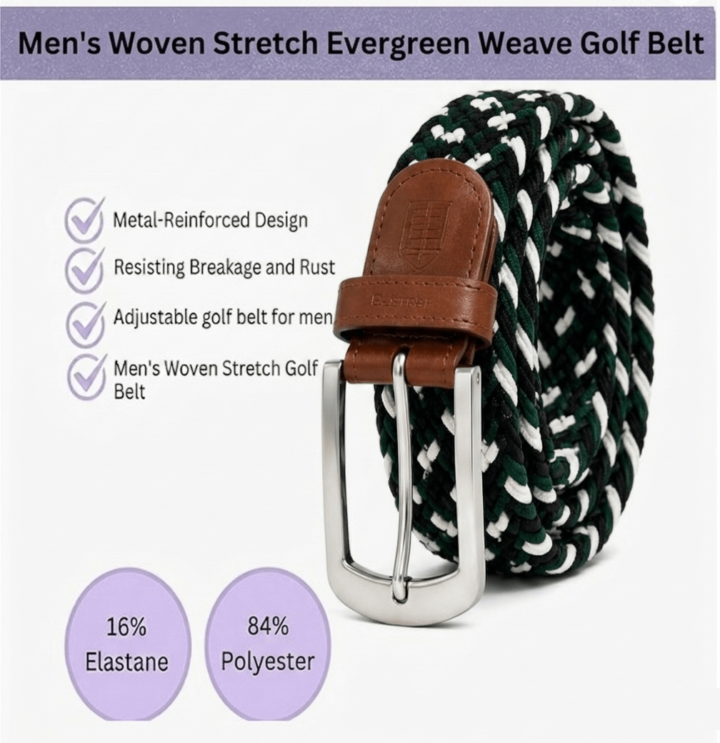 East/18 Men's Perfect Fit Woven Stretch Golf Belt, Evergreen Weave - East/18