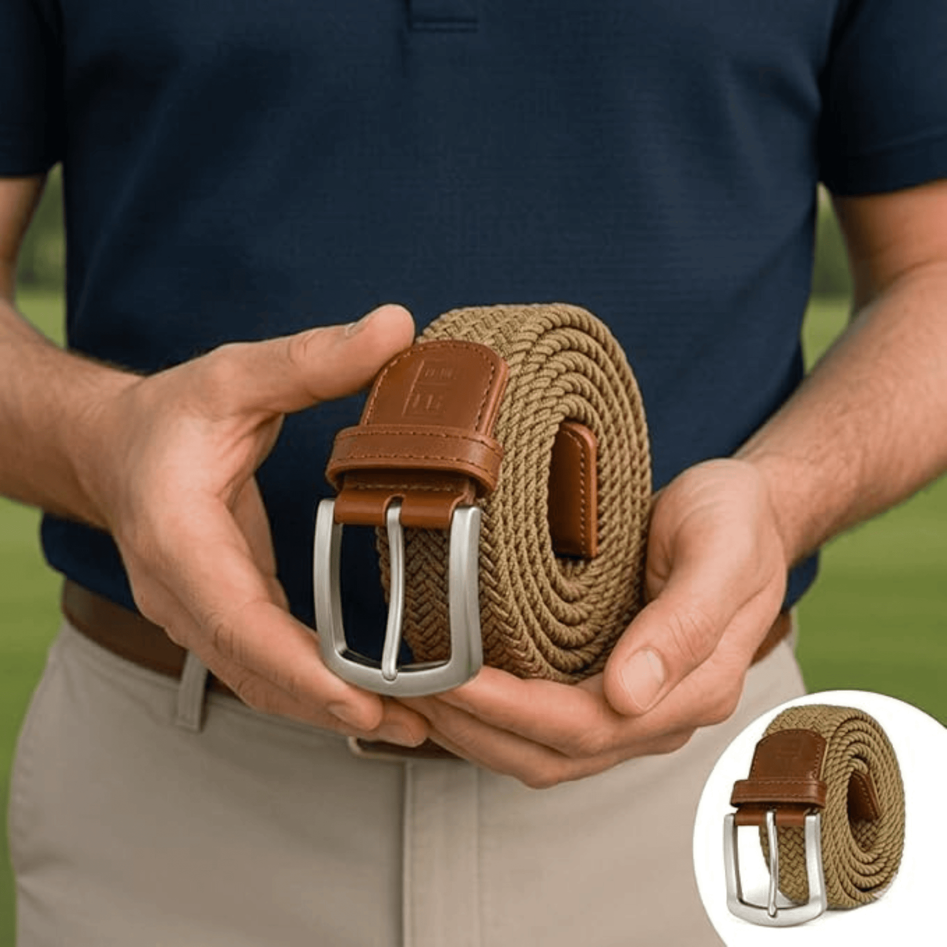 East/18 Men's Perfect Fit Woven Stretch Golf Belt, Khaki - East/18