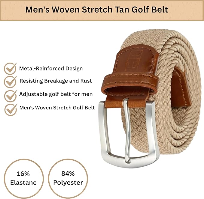 East/18 Men's Perfect Fit Woven Stretch Golf Belt, Tan - East/18
