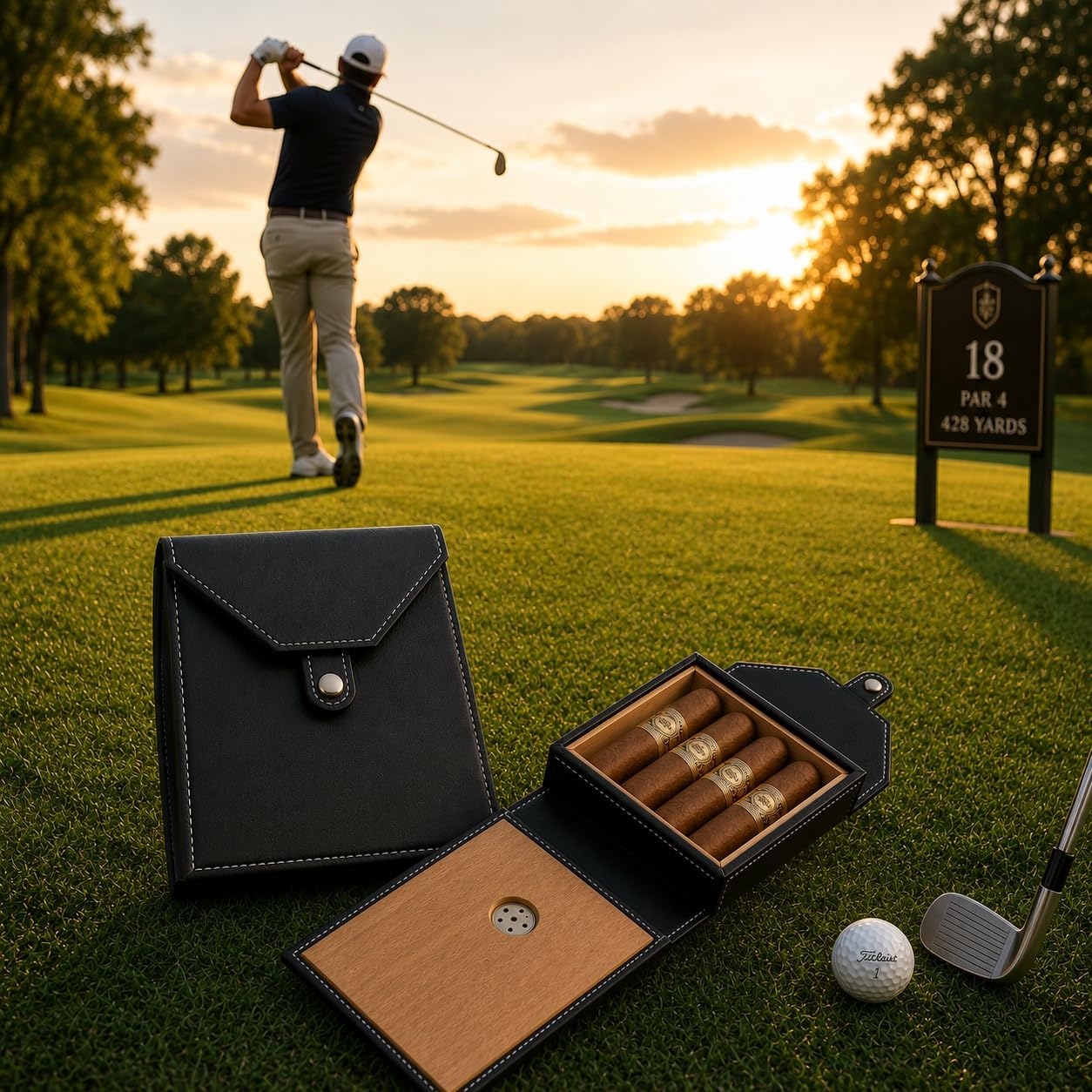 Travel Cigar Humidor Box, Book Snap Closure, Vegan Leather and Cedar - East/18Cigar Humidor Box